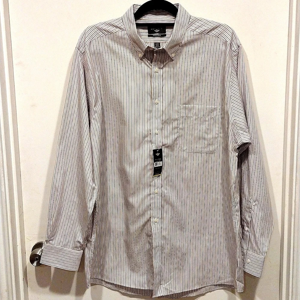 NWT Dockers Men's No Iron Purple/Tan Stripe Dress Shirt Sz L 16.5 34/35 -Career